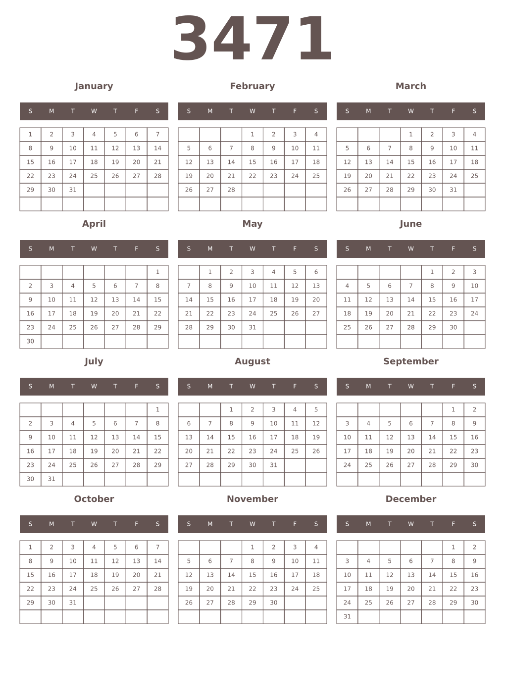 Printable 3471 Year Calendars wenge