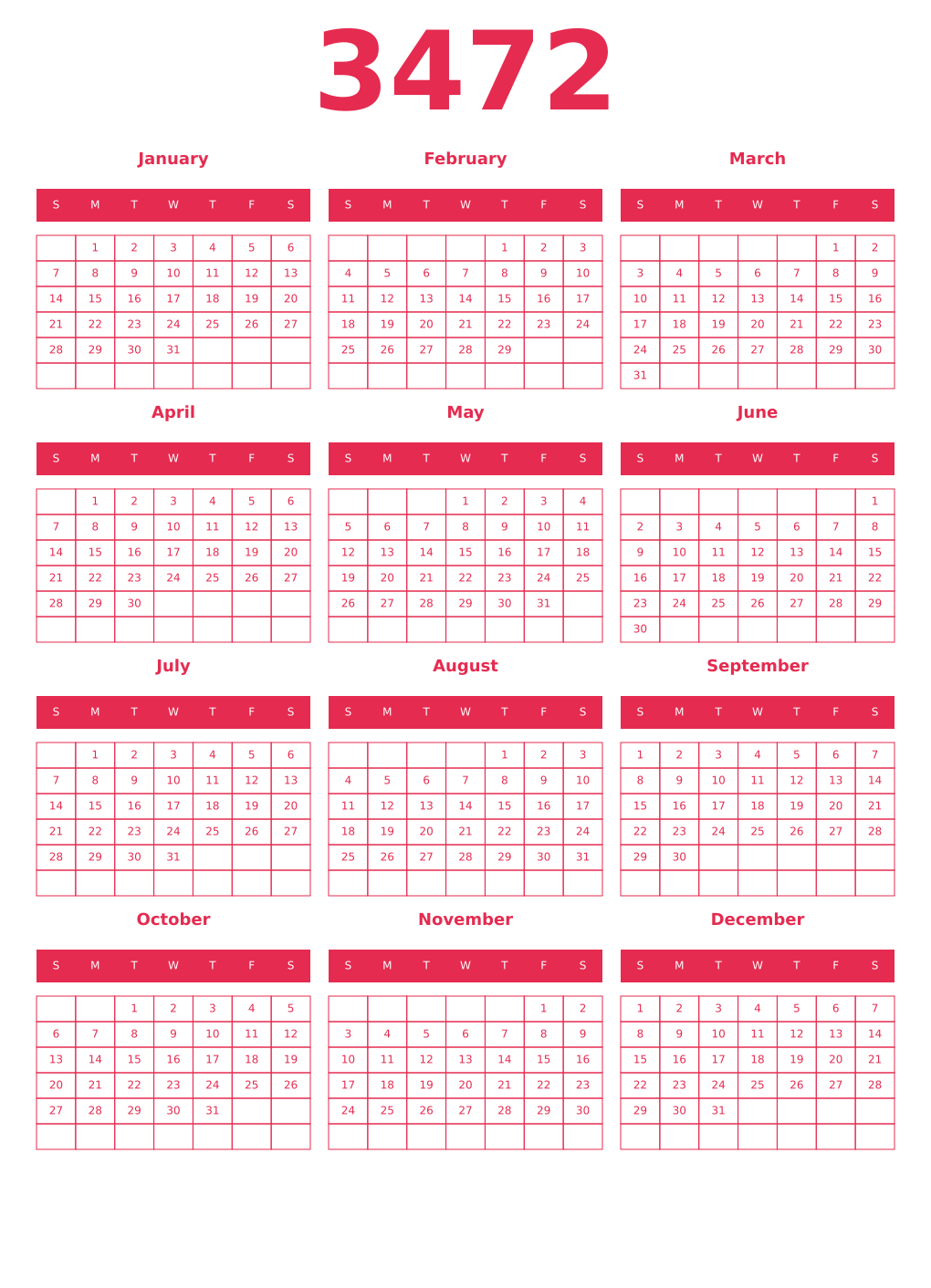 Printable 3472 Year Calendars amaranth