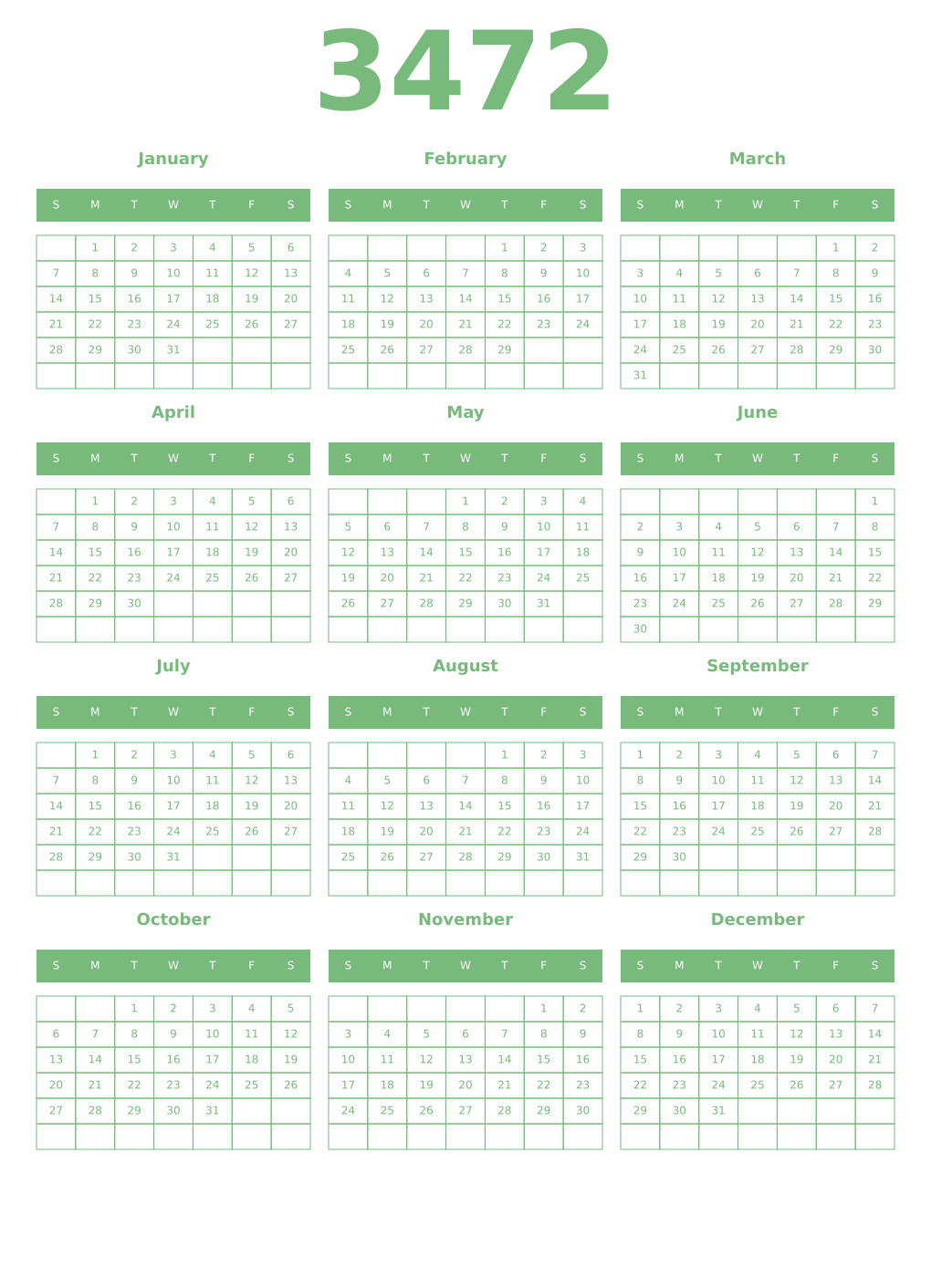 Printable 3472 Year Calendars celadon
