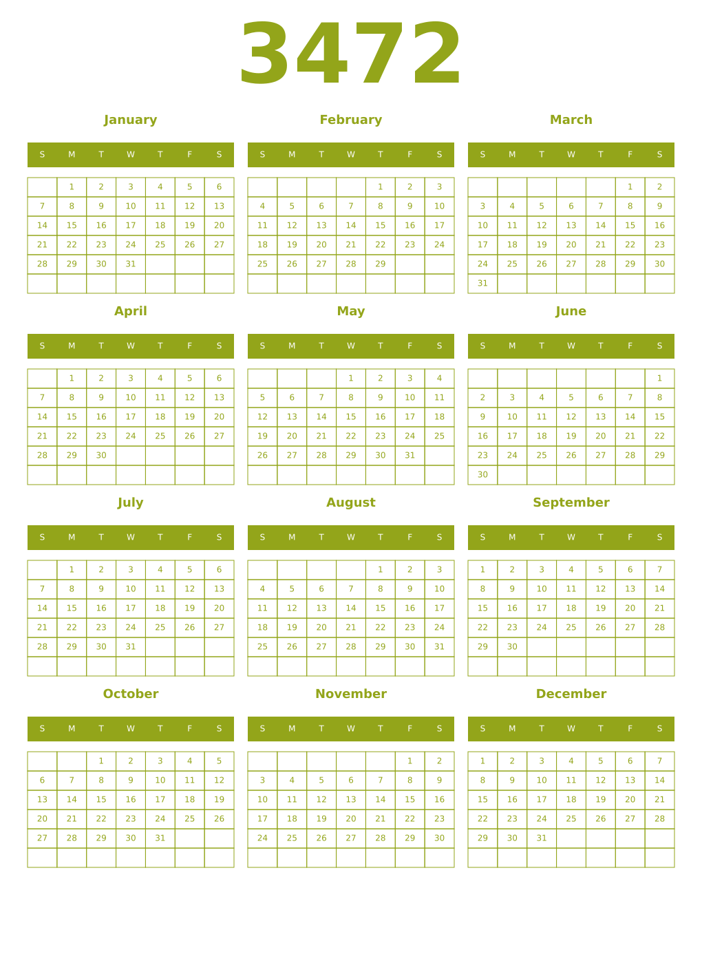 Printable 3472 Year Calendars chartreuse