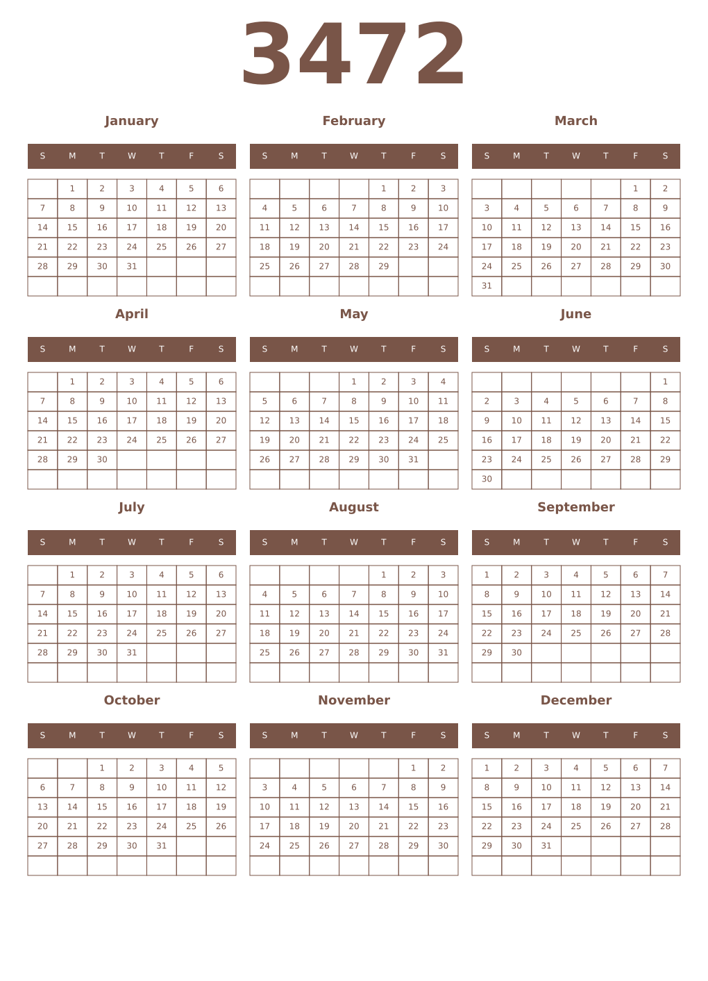 Printable 3472 Year Calendars coffe