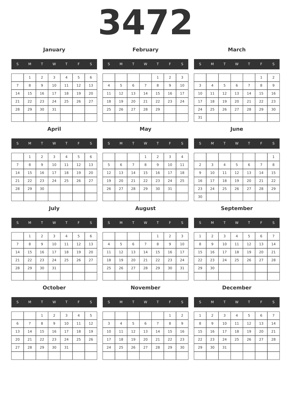 Printable 3472 Year Calendars dark