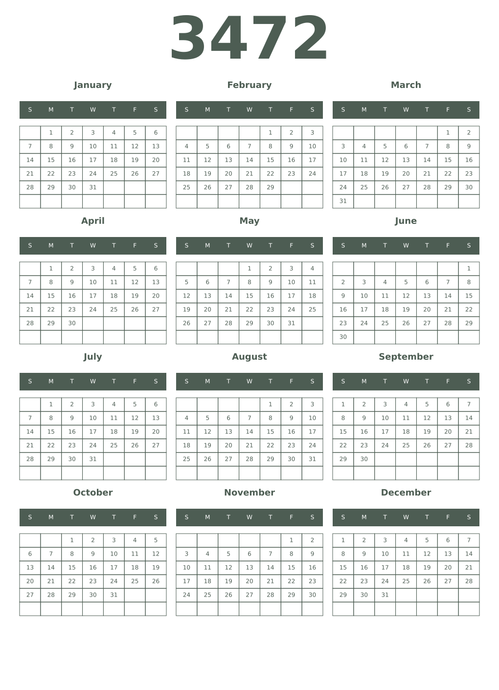 Printable 3472 Year Calendars feldgrau