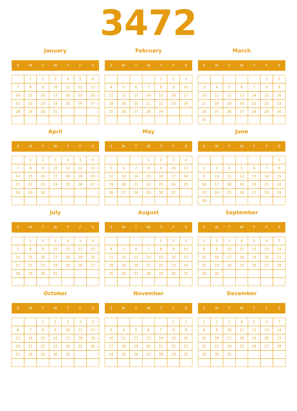 Printable 3472 Year Calendars gamboge