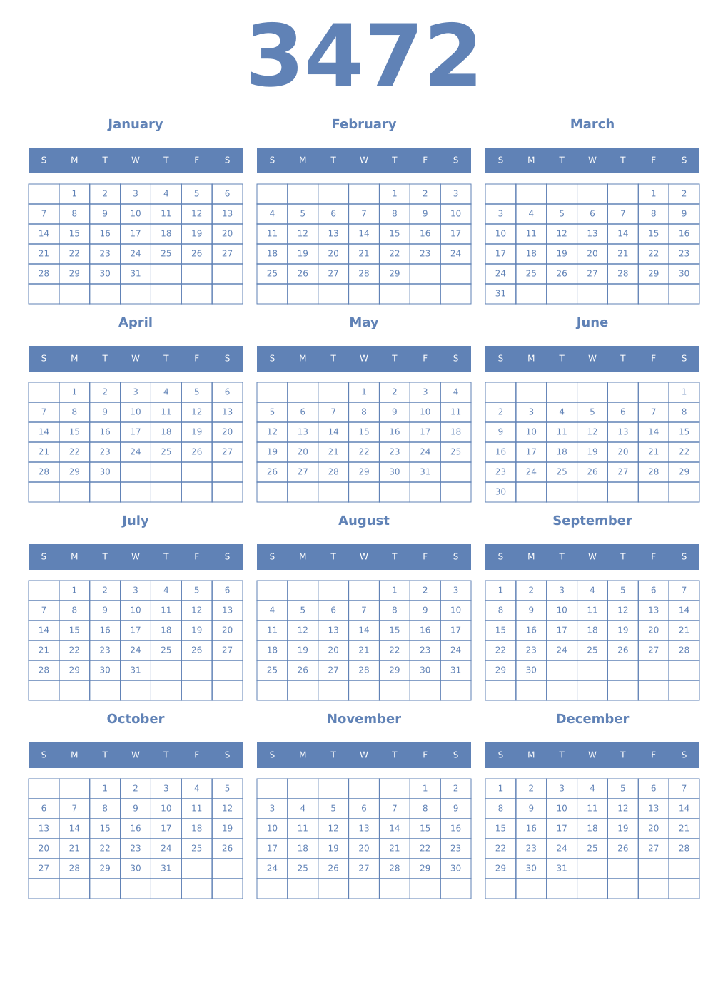 Printable 3472 Year Calendars glaucous