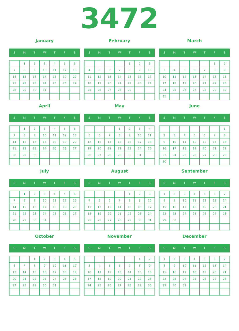 Printable 3472 Year Calendars green