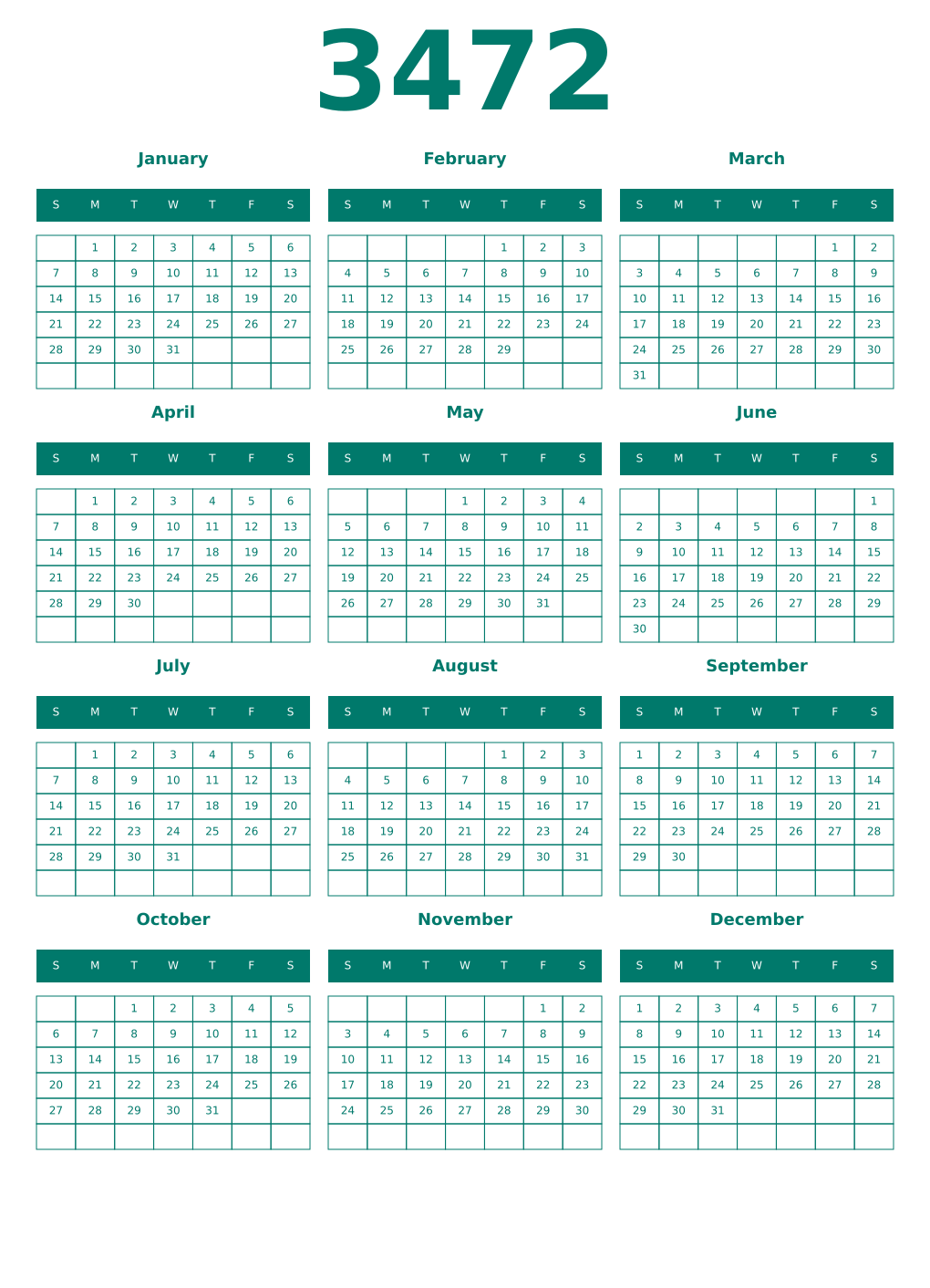 Printable 3472 Year Calendars pastel