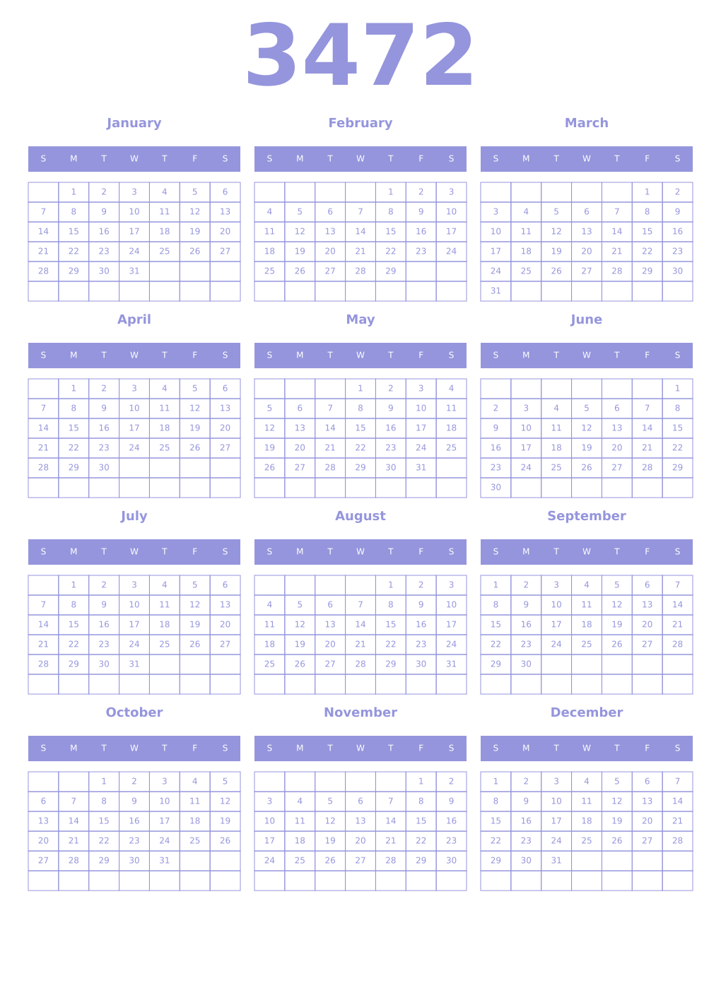 Printable 3472 Year Calendars periwinkle
