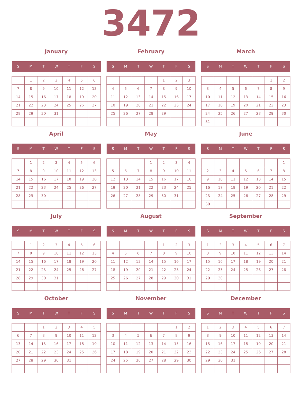 Printable 3472 Year Calendars puce
