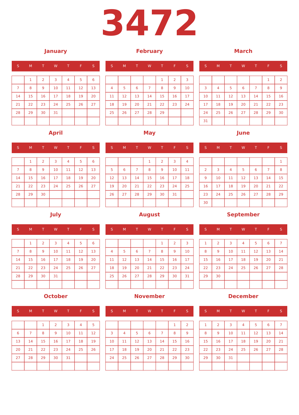 Printable 3472 Year Calendars red