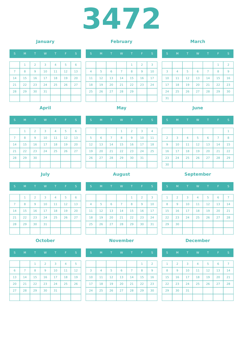 Printable 3472 Year Calendars verdigris