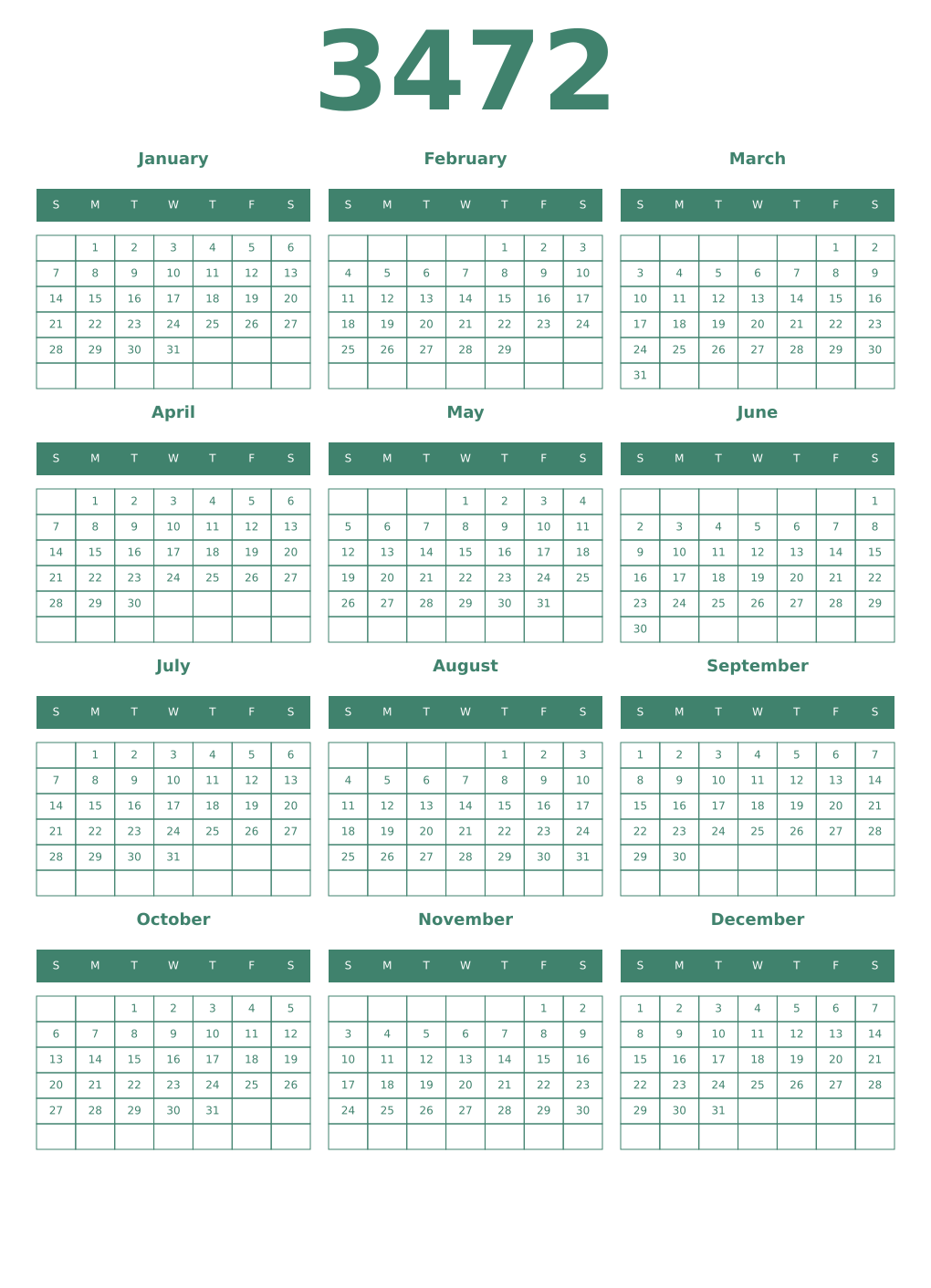 Printable 3472 Year Calendars viridian