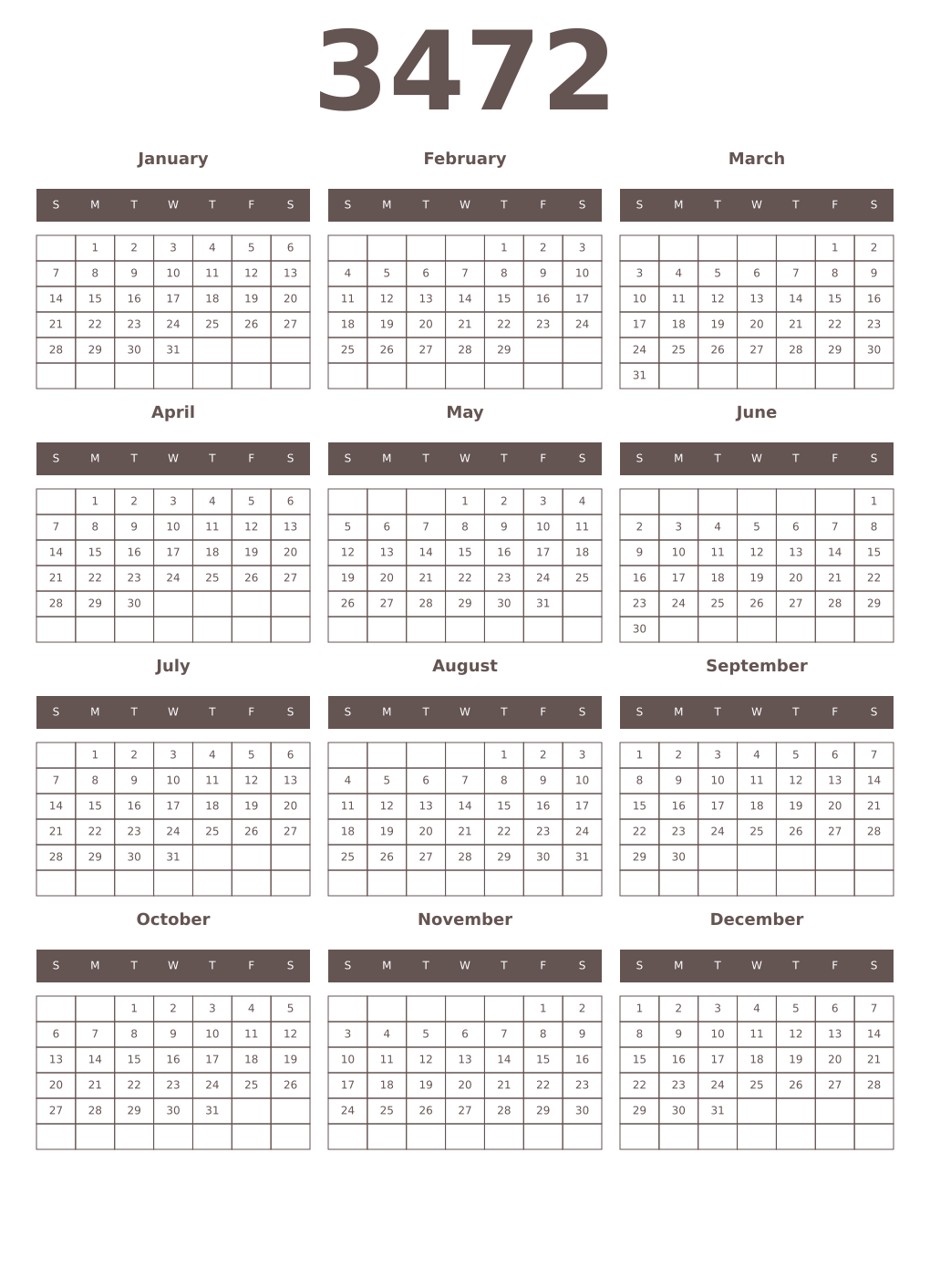 Printable 3472 Year Calendars wenge