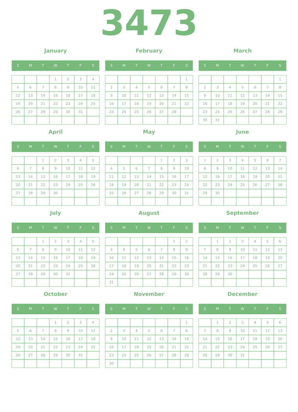 Printable 3473 Year Calendars celadon