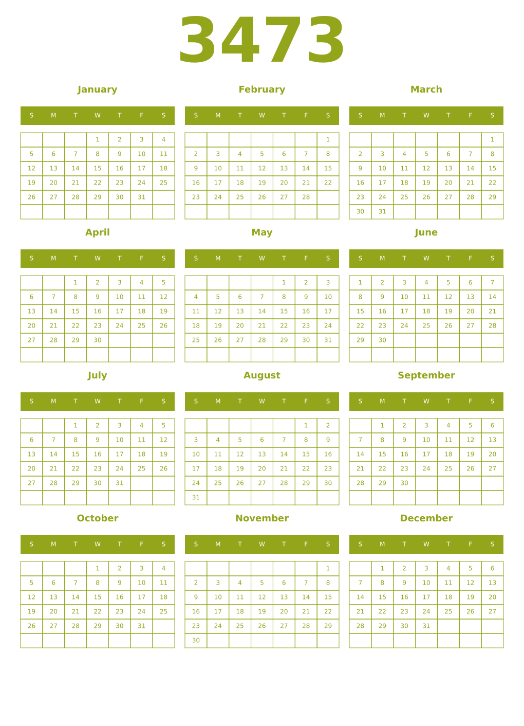 Printable 3473 Year Calendars chartreuse