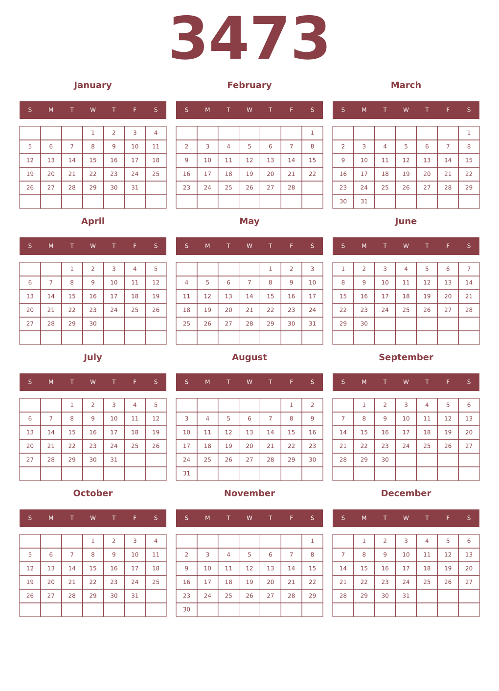 Printable 3473 Year Calendars cordovan