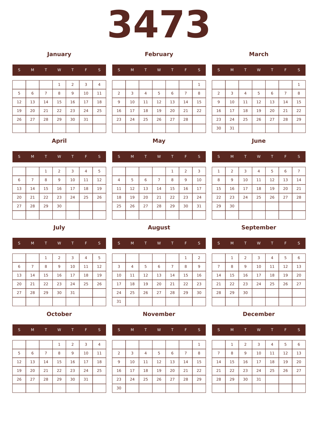 Printable 3473 Year Calendars mortuum