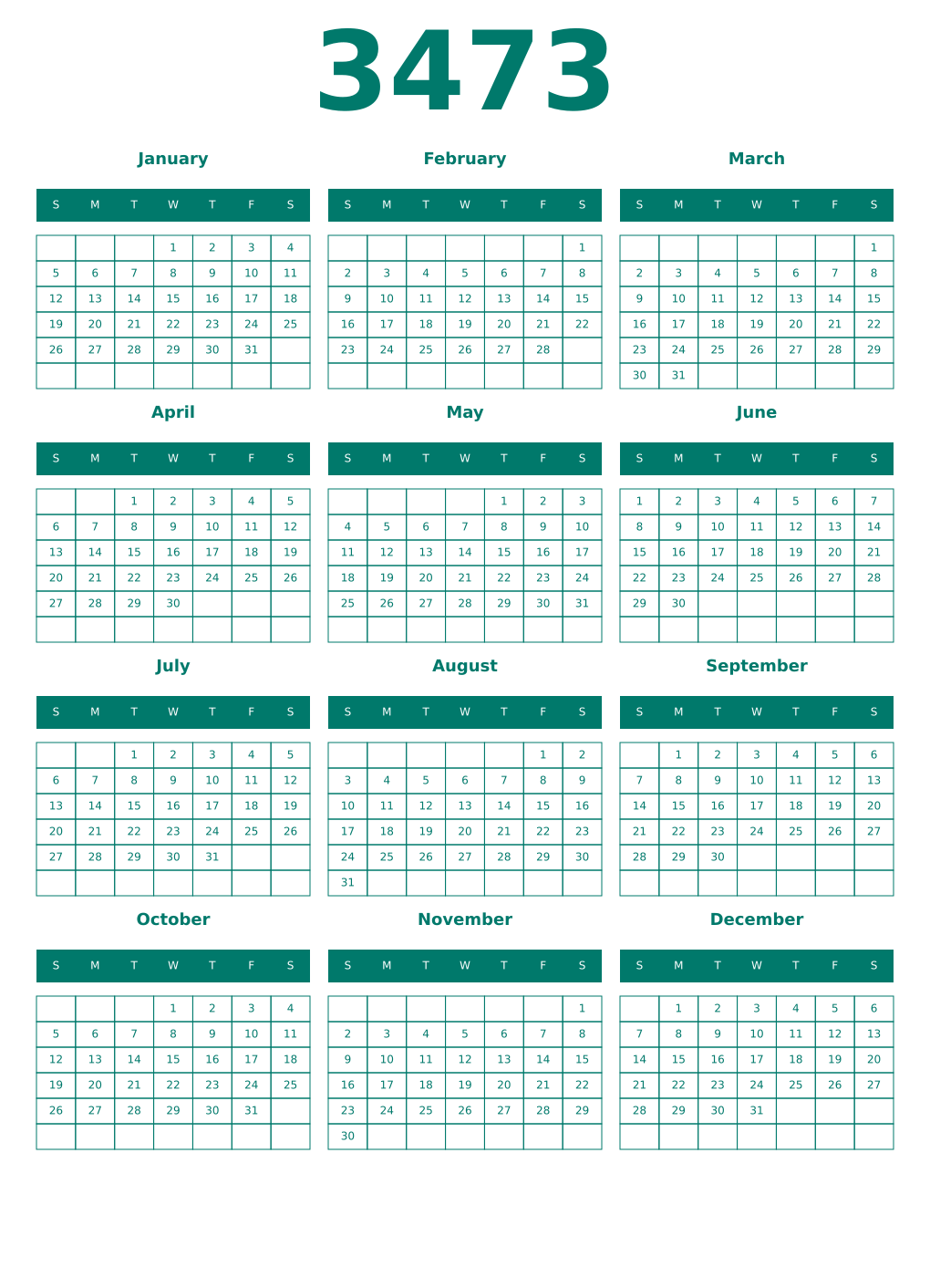 Printable 3473 Year Calendars pastel