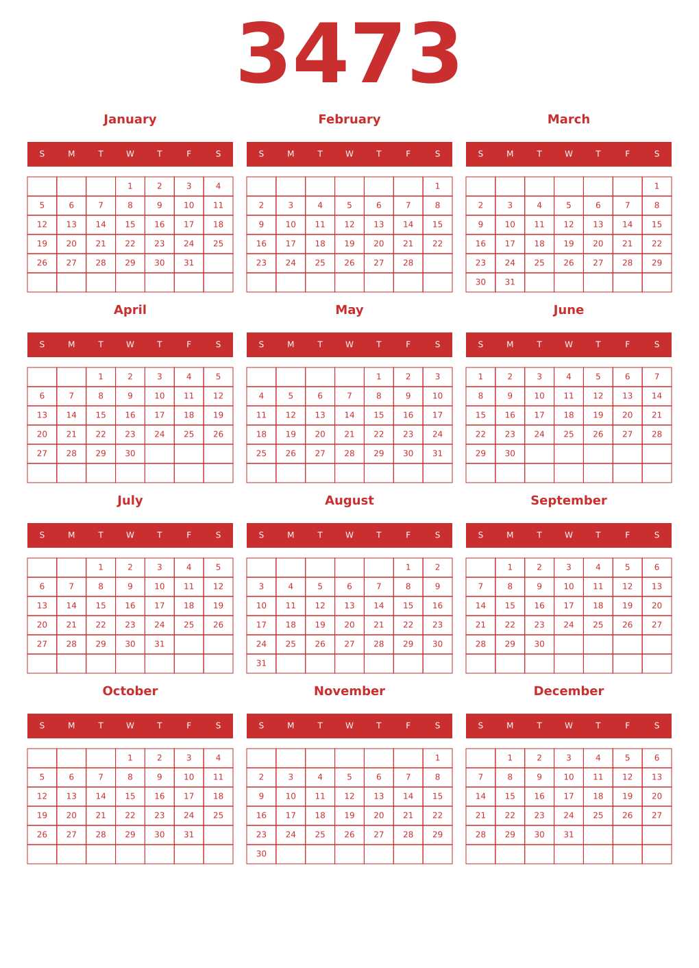 Printable 3473 Year Calendars red