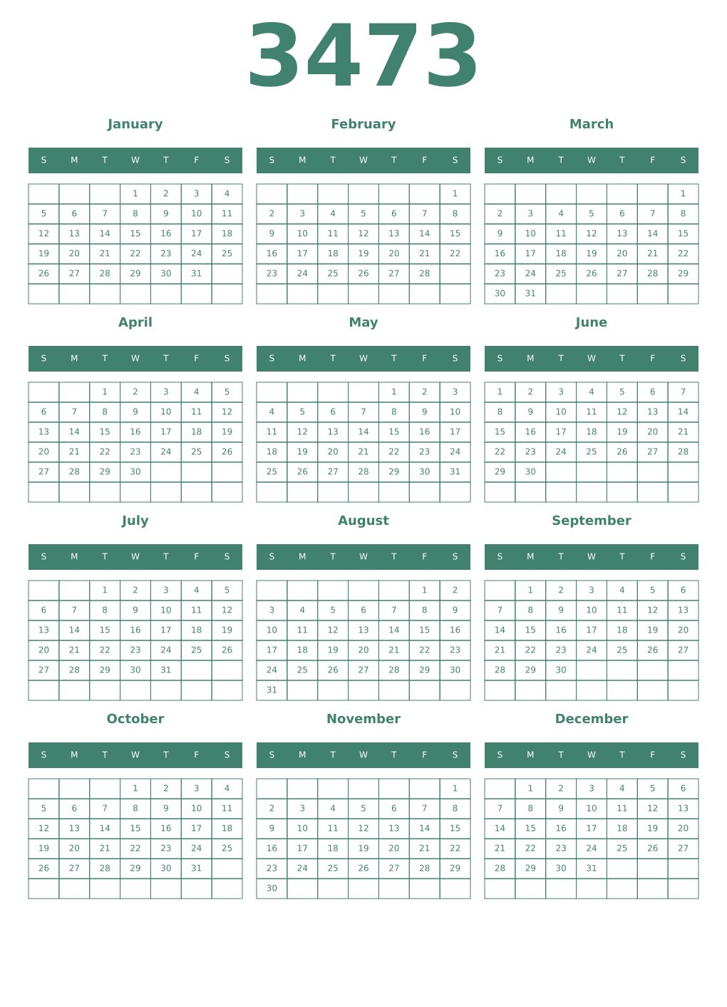 Printable 3473 Year Calendars viridian