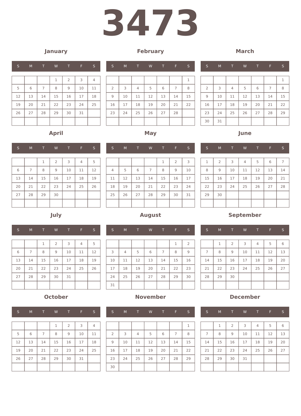 Printable 3473 Year Calendars wenge