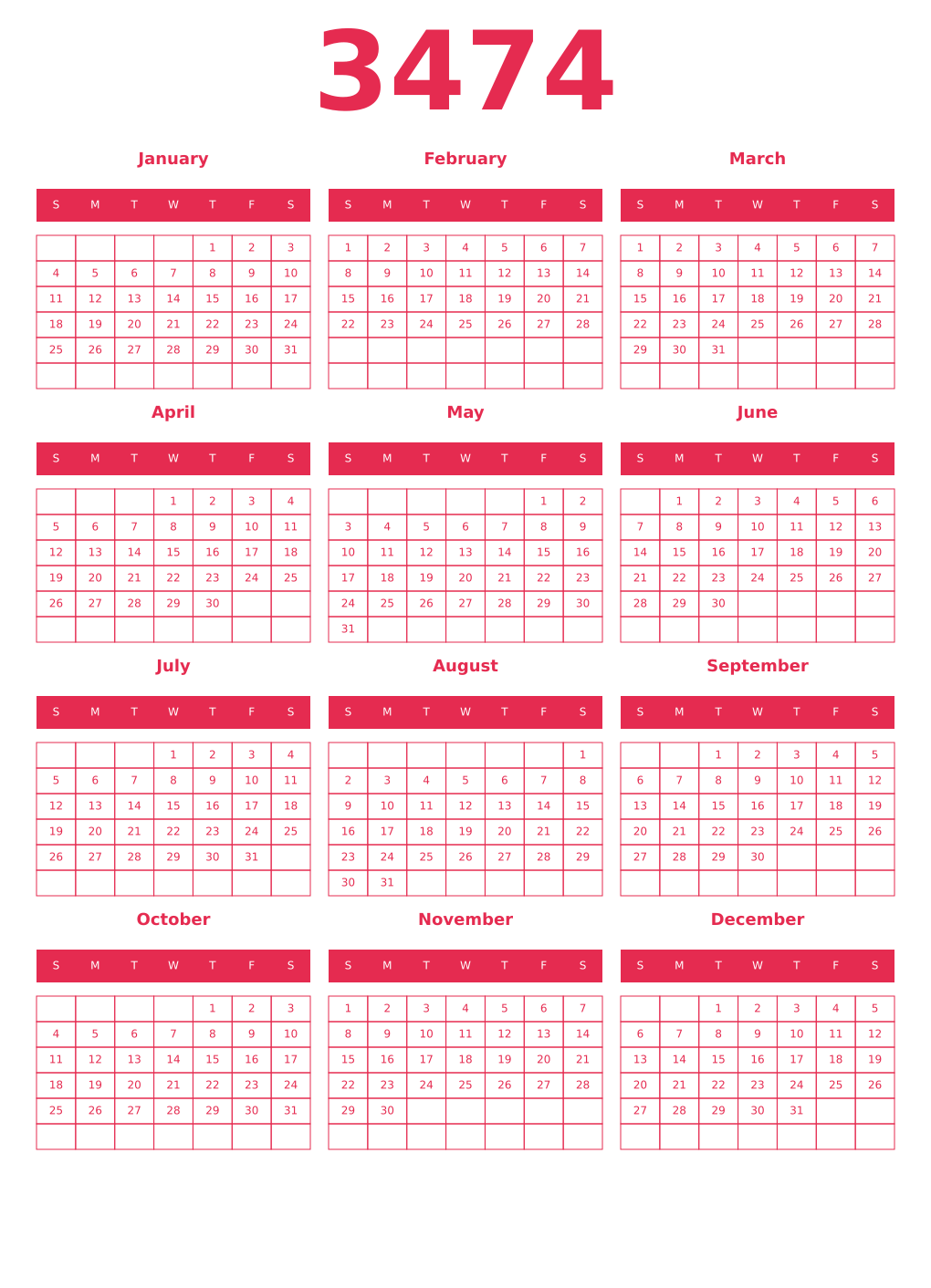 Printable 3474 Year Calendars amaranth