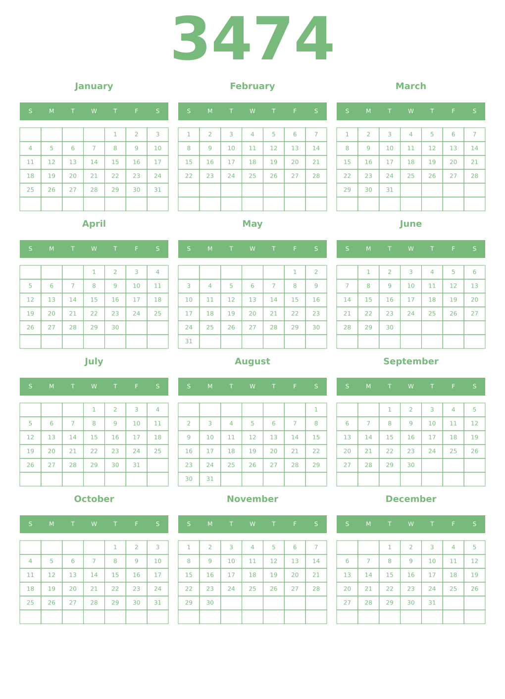 Printable 3474 Year Calendars celadon