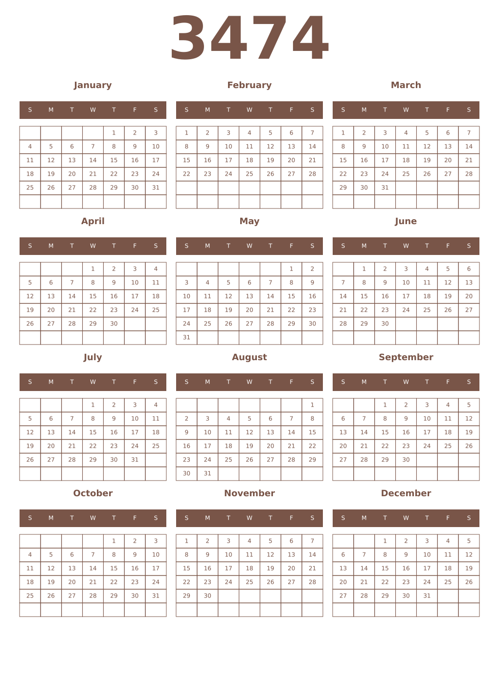 Printable 3474 Year Calendars coffe