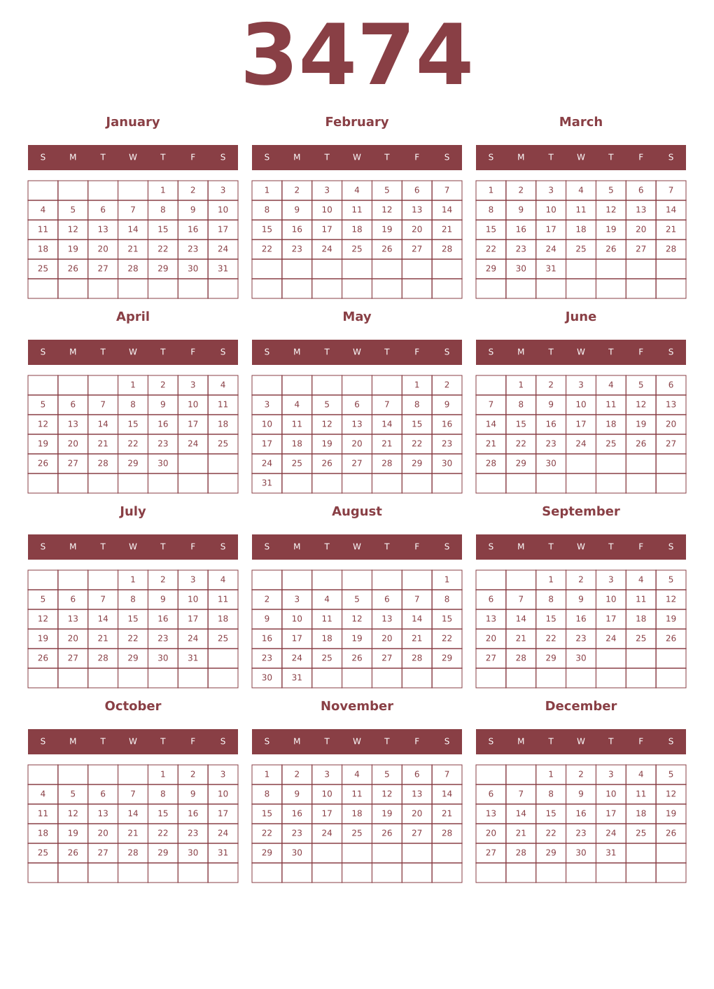 Printable 3474 Year Calendars cordovan