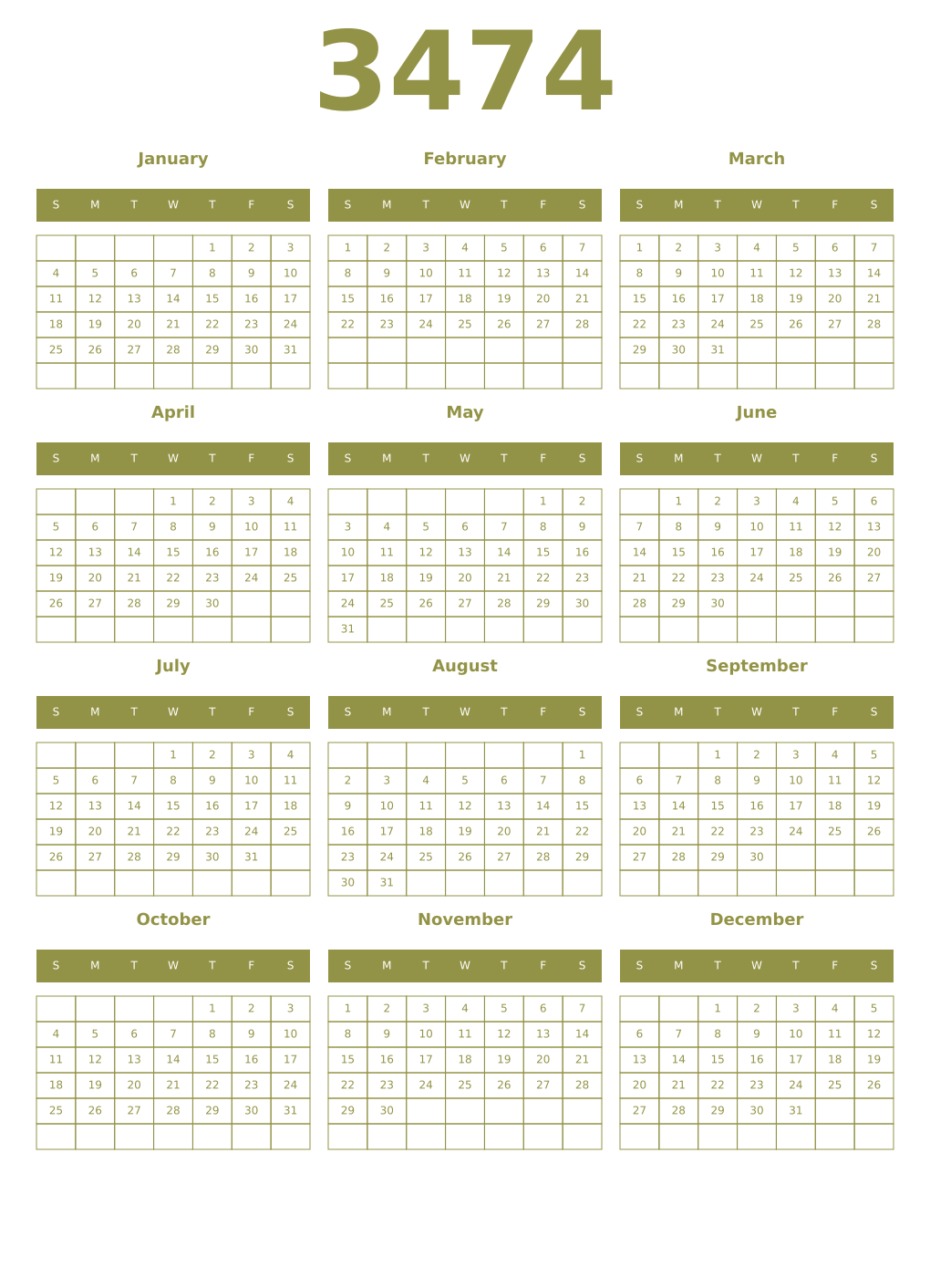 Printable 3474 Year Calendars eburnean