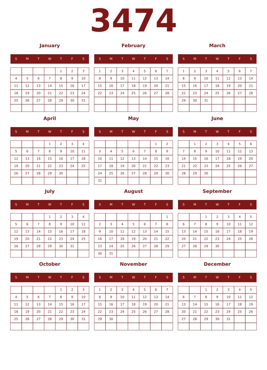 Printable 3474 Year Calendars falu
