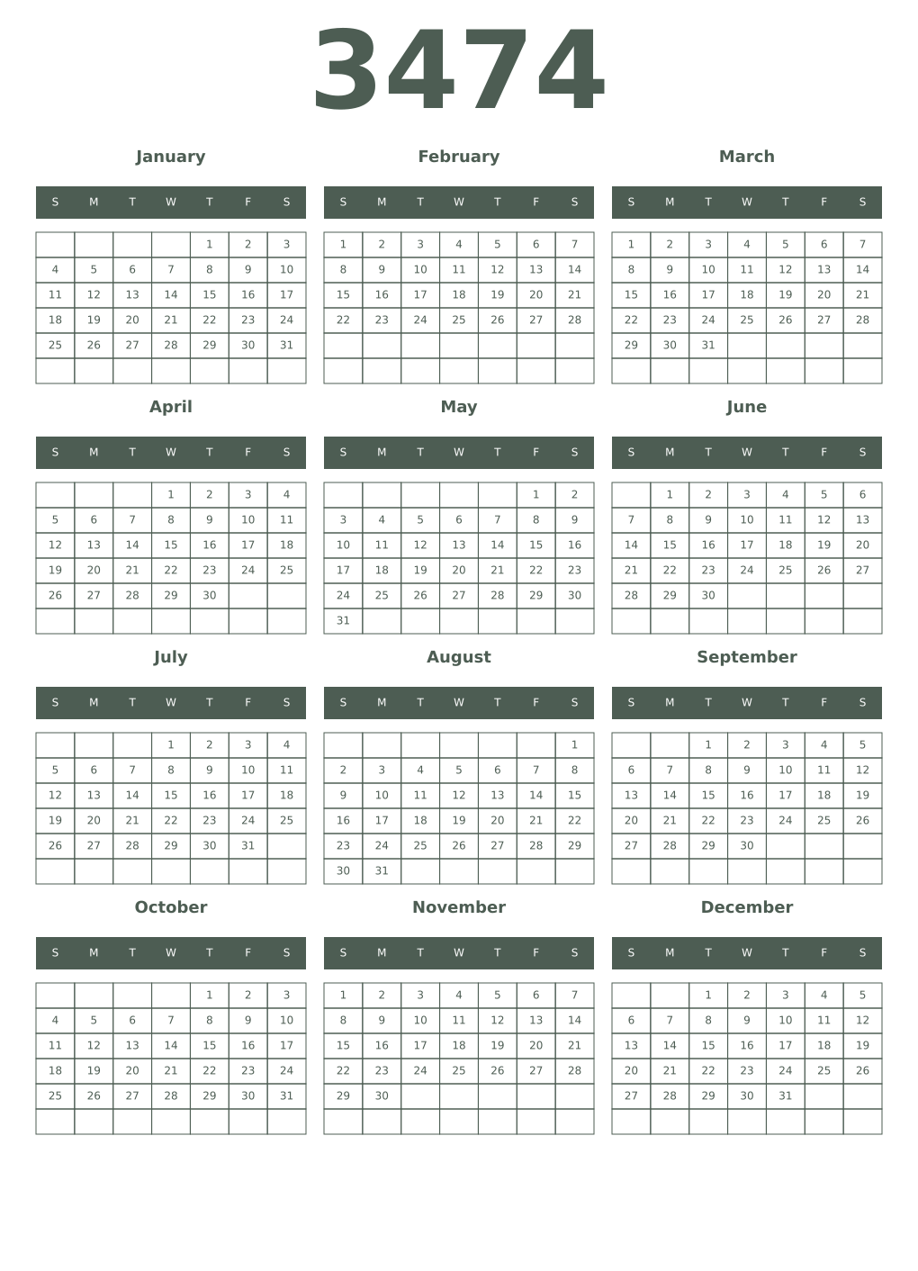 Printable 3474 Year Calendars feldgrau