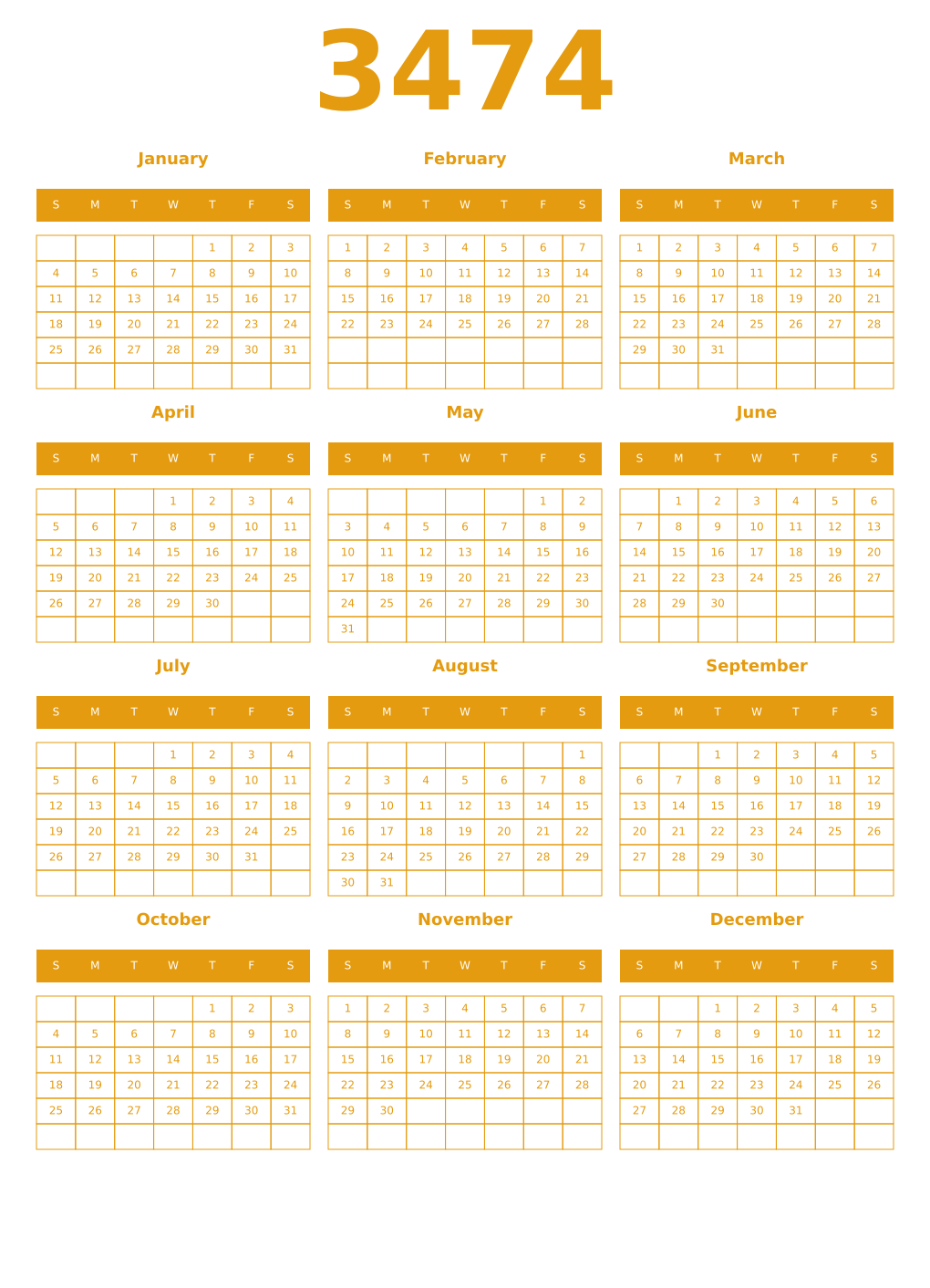 Printable 3474 Year Calendars gamboge