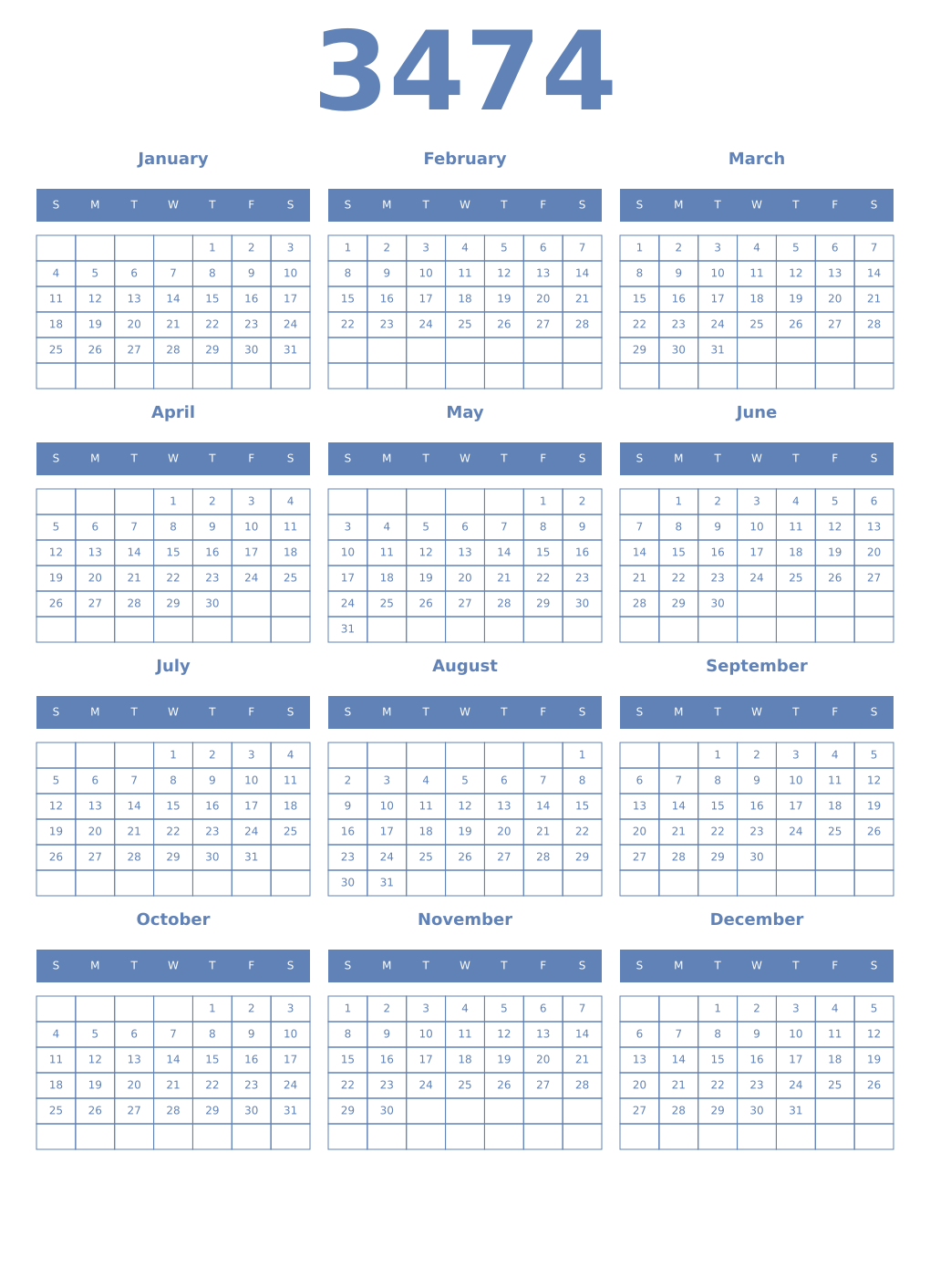 Printable 3474 Year Calendars glaucous