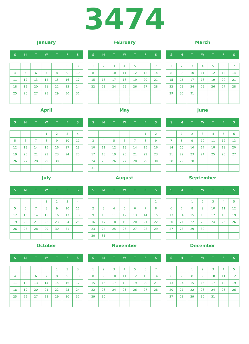 Printable 3474 Year Calendars green