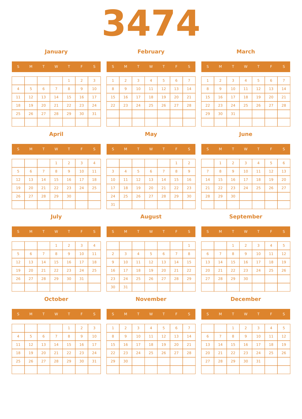 Printable 3474 Year Calendars orange
