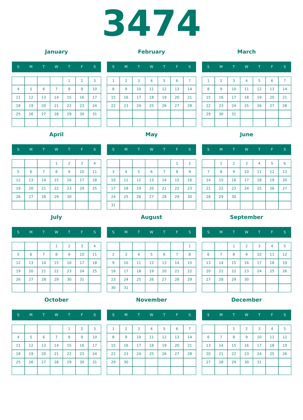 Printable 3474 Year Calendars pastel