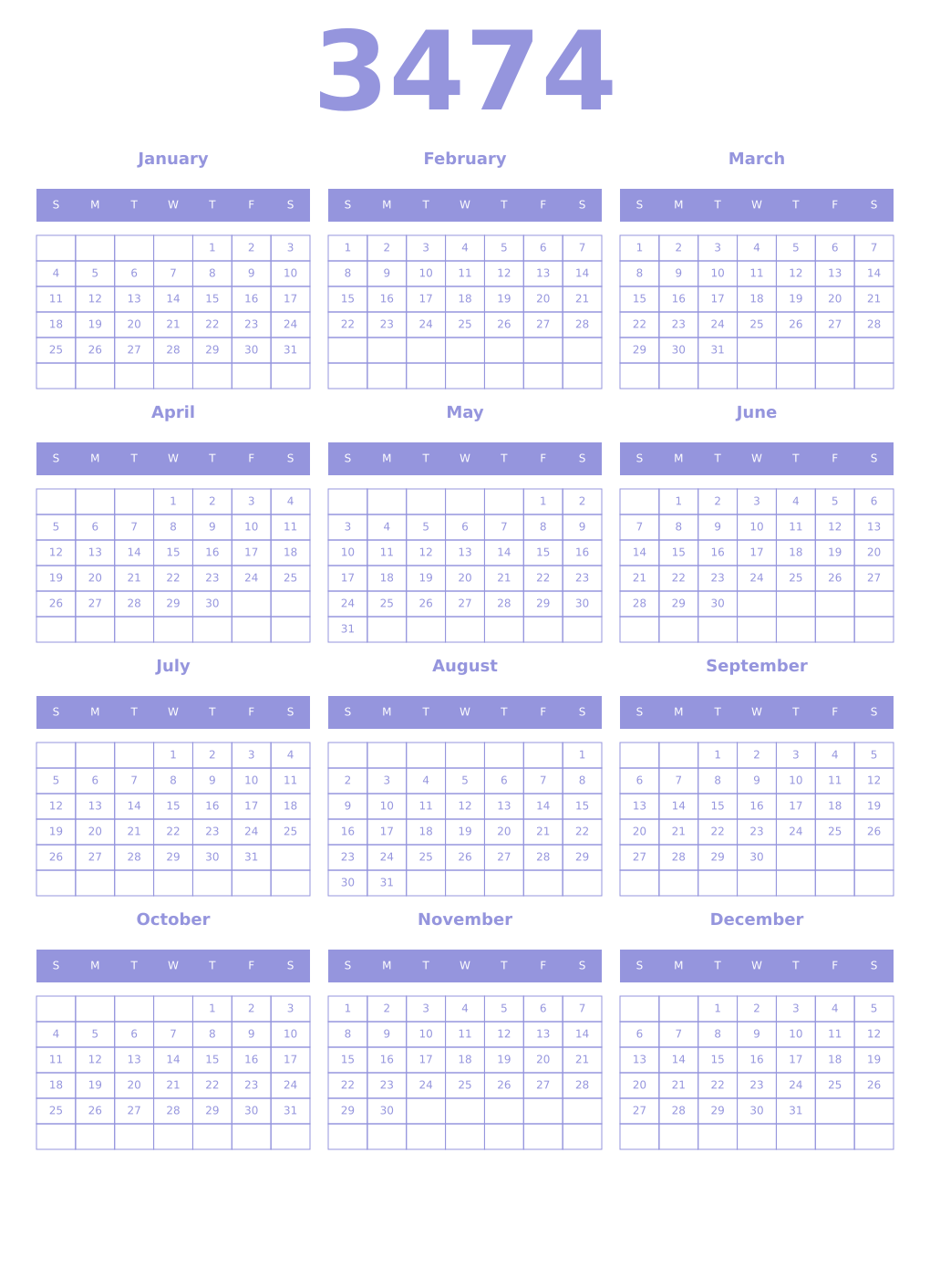 Printable 3474 Year Calendars periwinkle