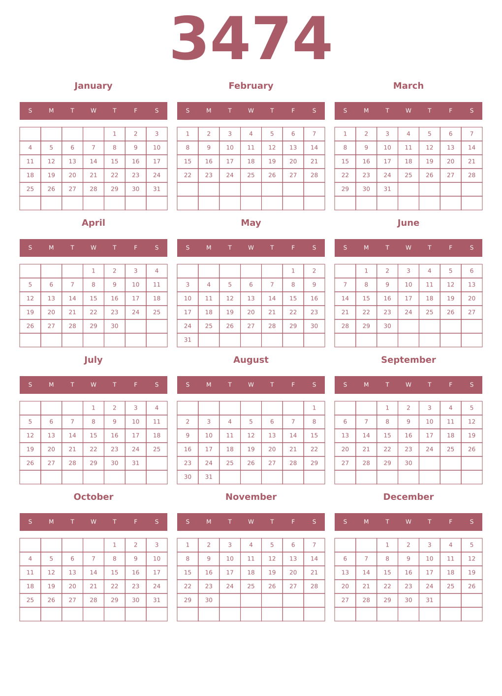 Printable 3474 Year Calendars puce
