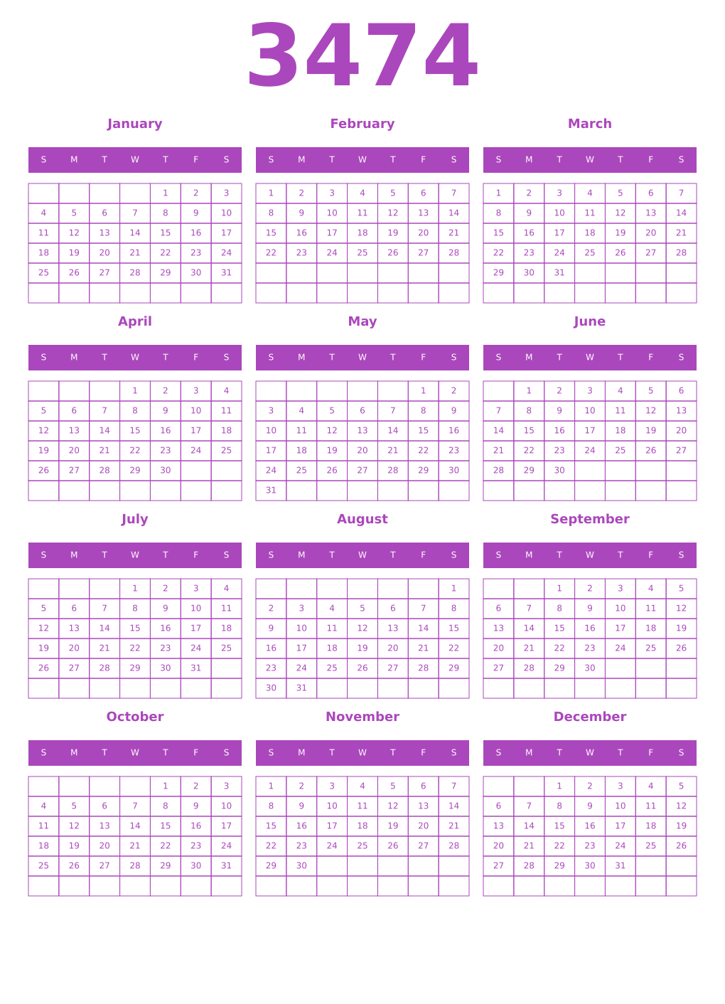 Printable 3474 Year Calendars purple