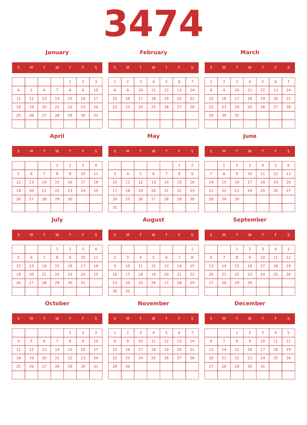 Printable 3474 Year Calendars red