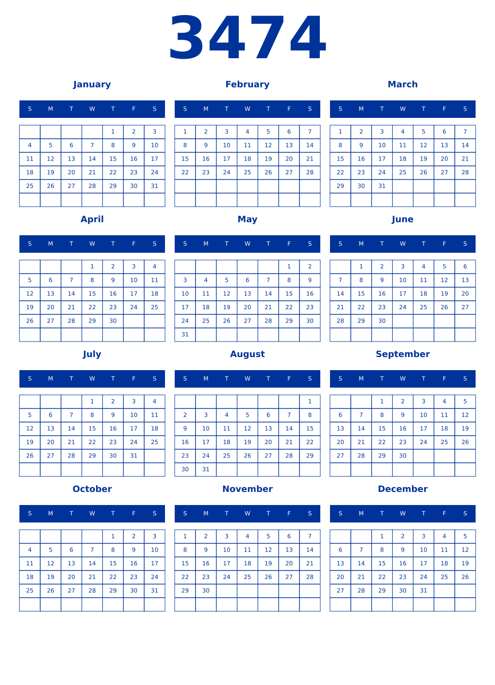 Printable 3474 Year Calendars smalt
