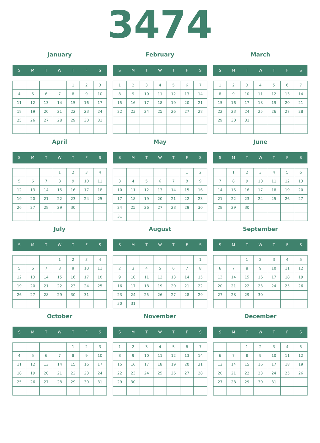 Printable 3474 Year Calendars viridian