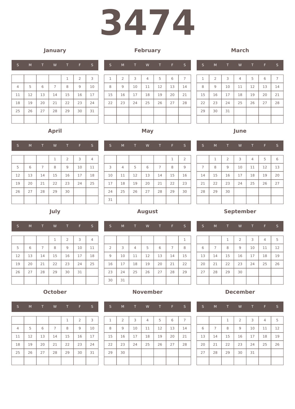 Printable 3474 Year Calendars wenge