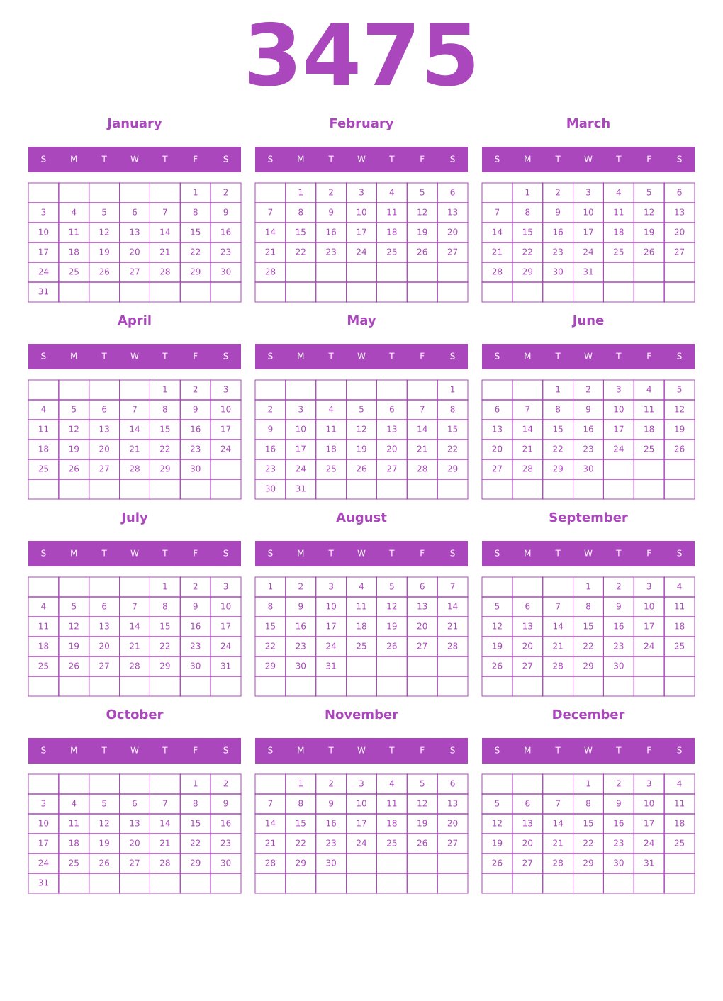 Printable 3475 Calendars