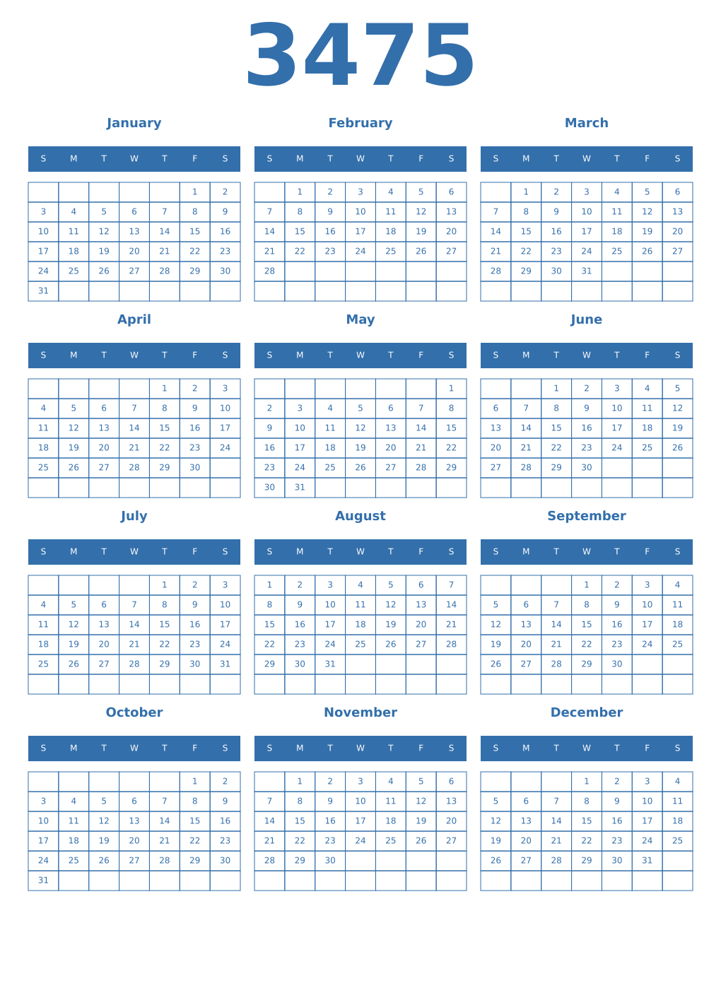 Printable 3475 Year Calendars blue