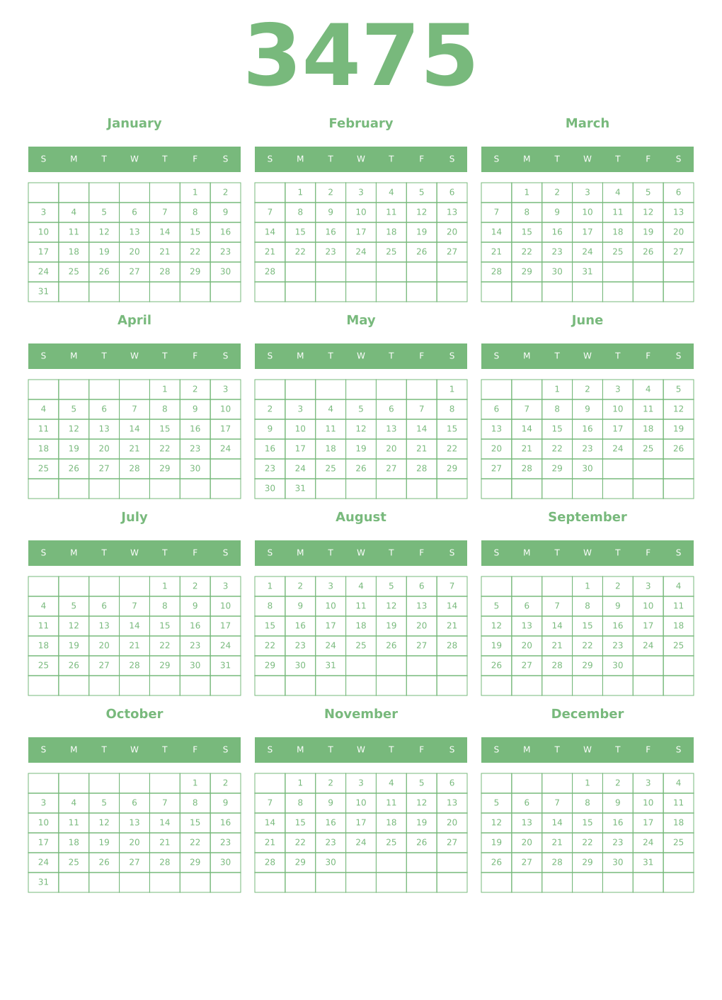 Printable 3475 Year Calendars celadon