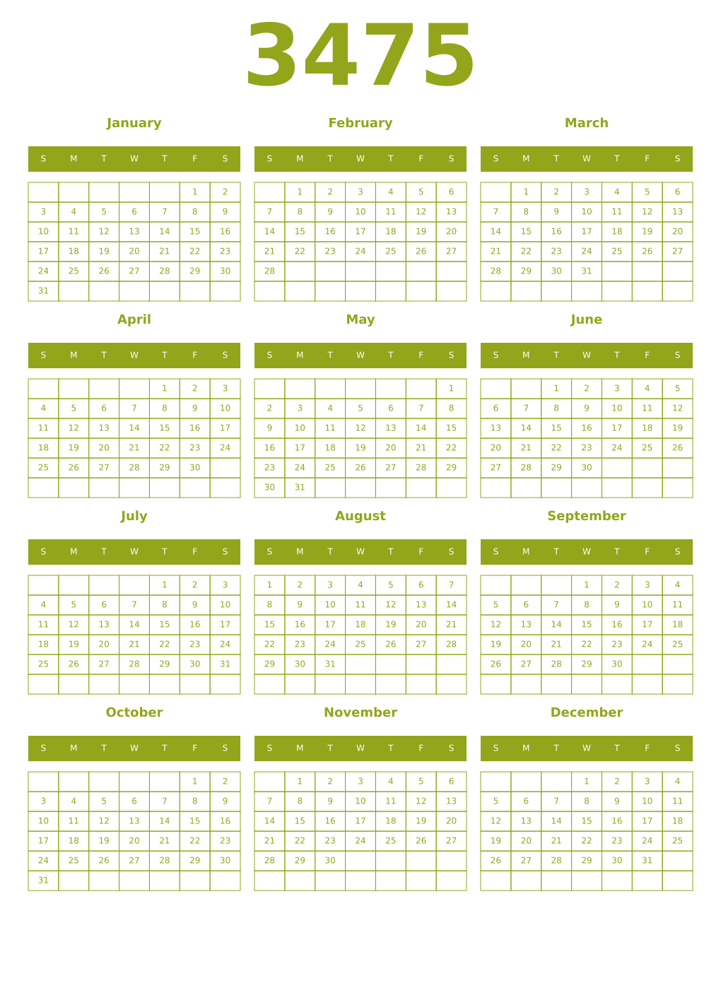 Printable 3475 Year Calendars chartreuse