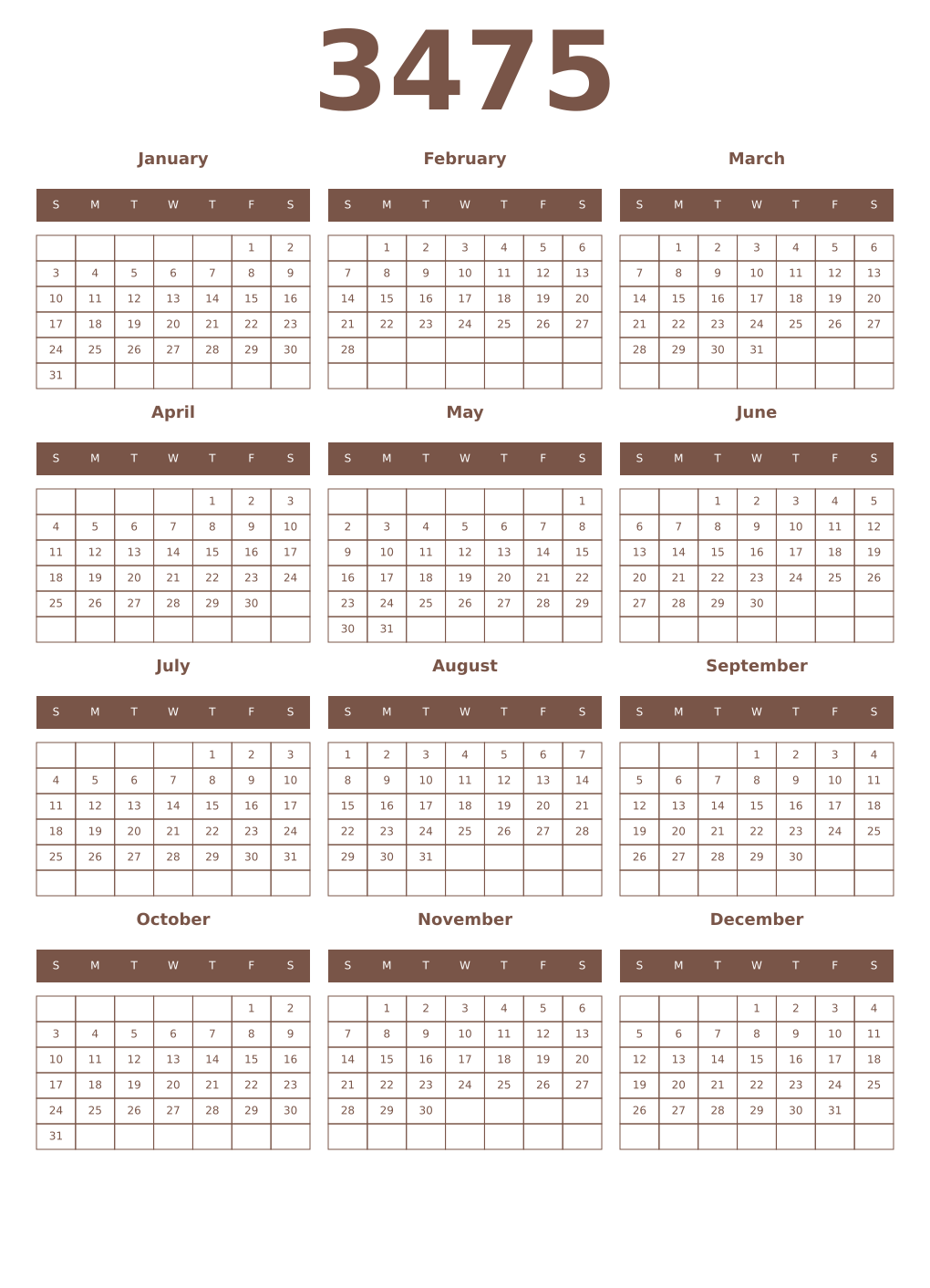 Printable 3475 Year Calendars coffe
