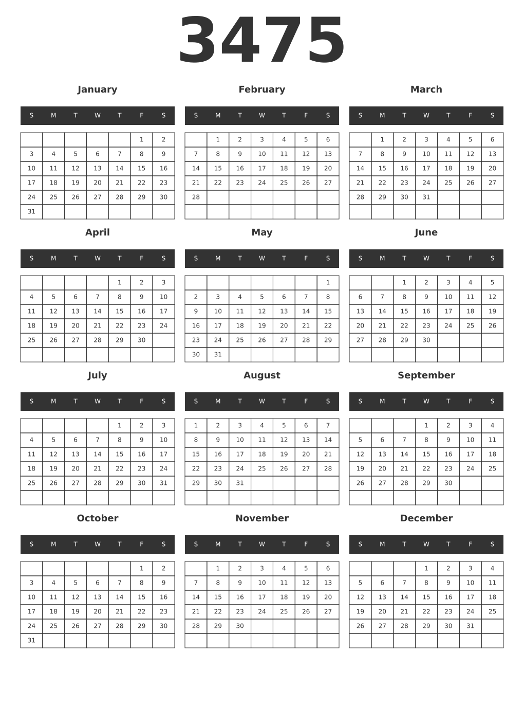 Printable 3475 Year Calendars dark